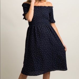 Maternity Smocked Bardot polka dot navy blue dress
